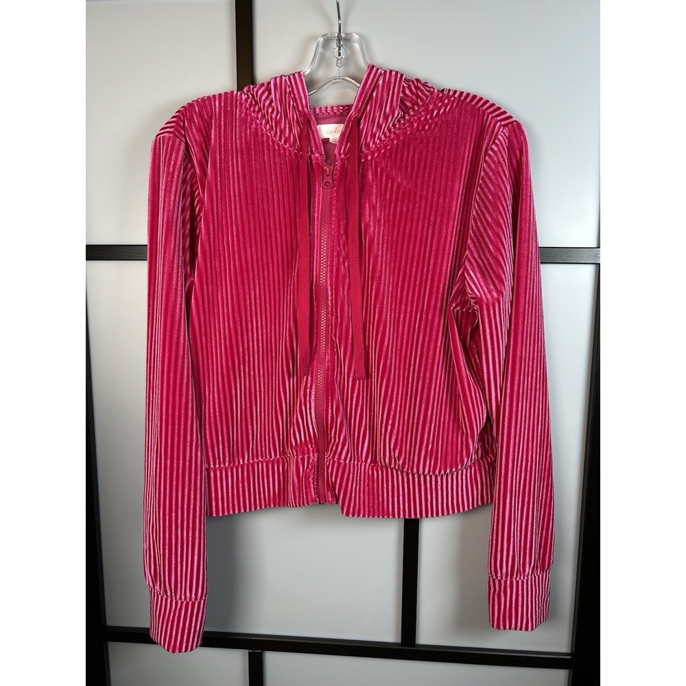 Colsie Pink Ribbed Velvet Velour Cropped Zip-Up Hoodie - Size Medium Y2K Style
